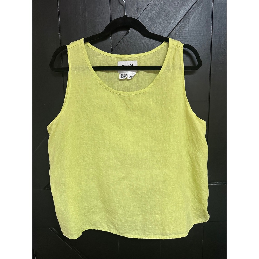 Flax Linen Tank Top Chartreuse Yellow Green Sleeveless Boxy Scoop Neck Medium